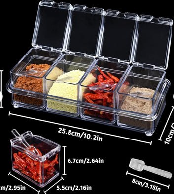 Crystal Seasoning Box With 4 Compartments And Spoons – Transparent Spice Storage Container Set For Kitchen Organization